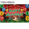 A large banner decoration for a soccer birthday party featuring Cristiano Ronaldo elements like the number 7, soccer balls, a