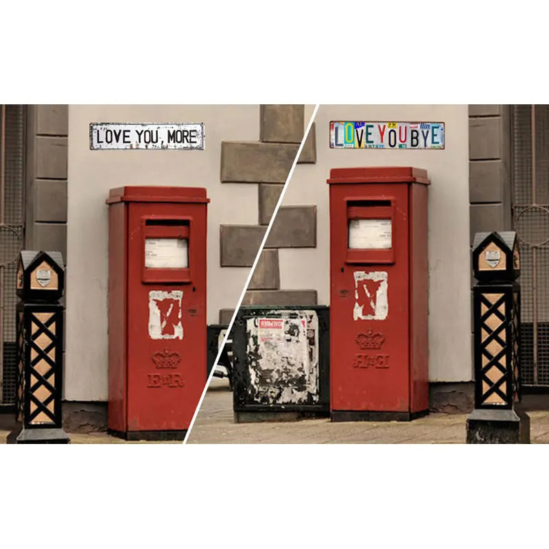 Two vintage red metal street signs with humorous messages are displayed outdoors.