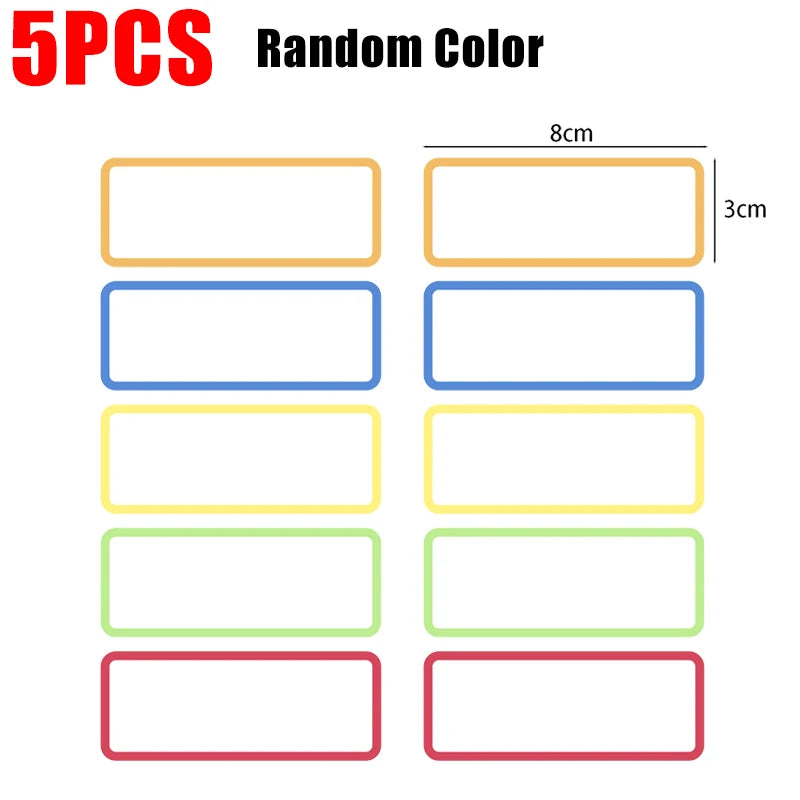 Five random color magnetic dry erase labels or stickers in rectangular shapes.