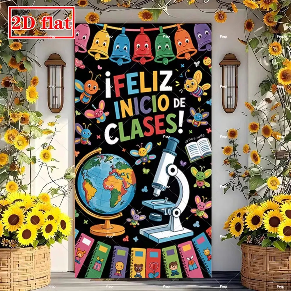 A colorful classroom door banner featuring a globe, microscope, and books for back to school decor.