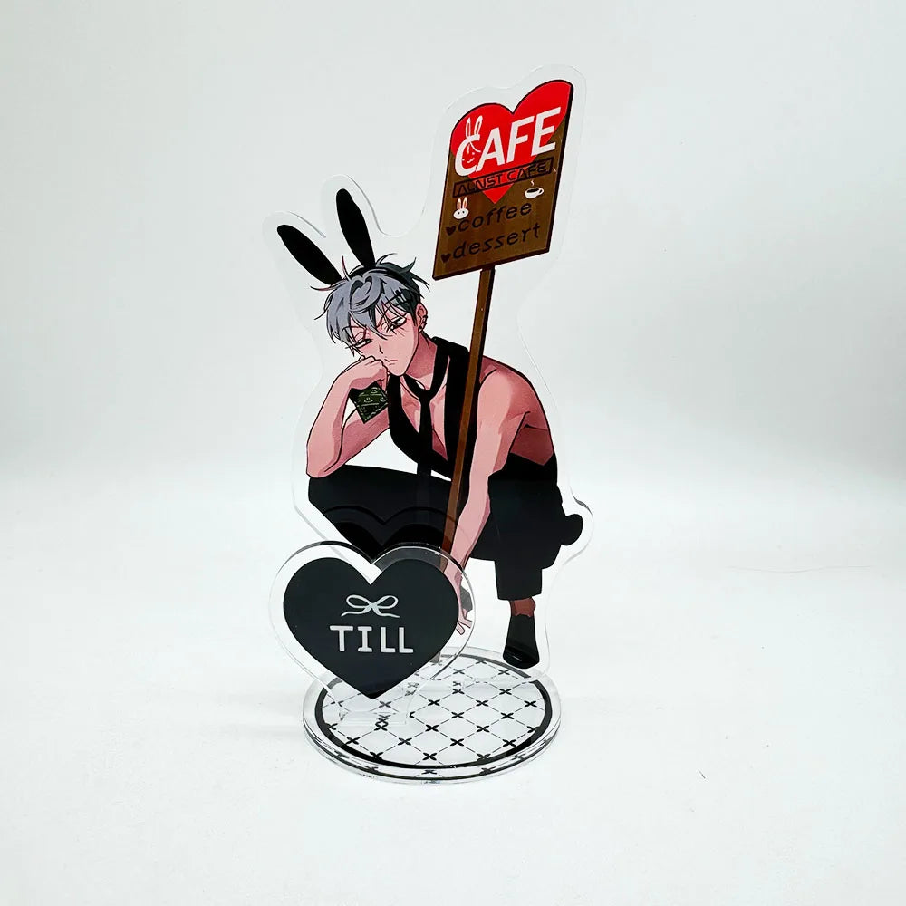 Acrylic keychain set featuring an anime character pendant charms including a cafe sign and a till heart.