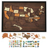 Holz-USA-Landkarte Puzzle mit Staaten und Regionen, begleitet von verschiedenen interaktiven Aufklebern.