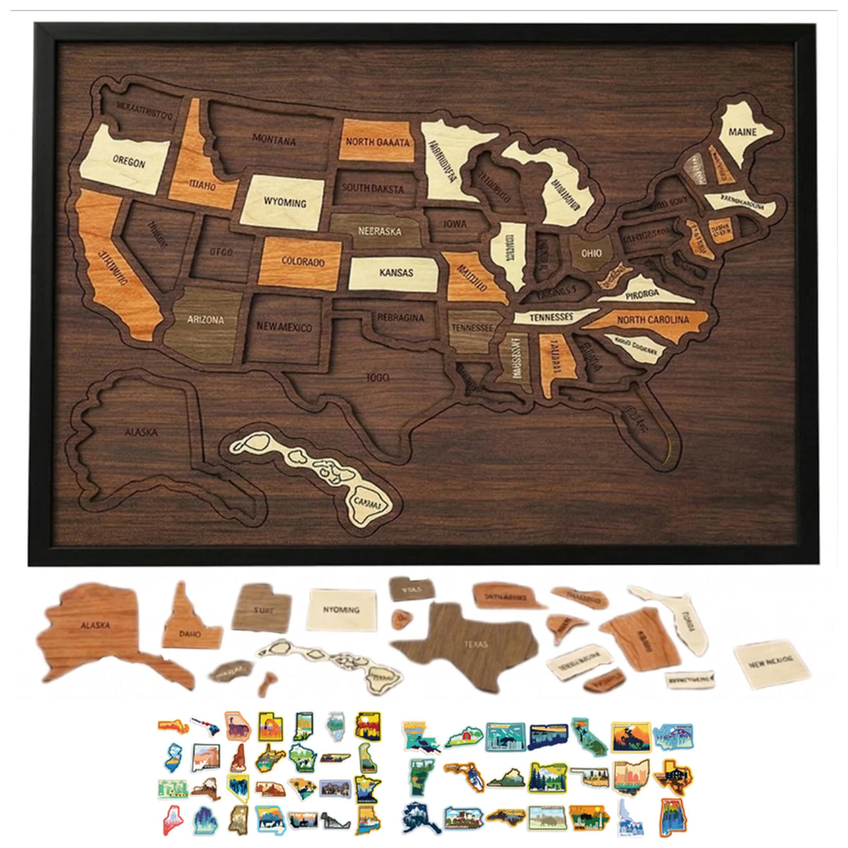 Holz-USA-Landkarte Puzzle mit Staaten und Regionen, begleitet von verschiedenen interaktiven Aufklebern.