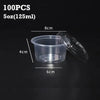 A clear plastic sauce cup with a lid is shown next to its dimensions.