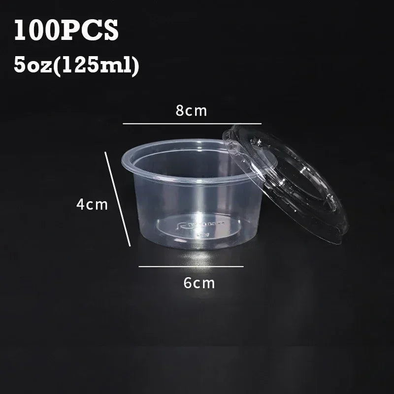 A clear plastic sauce cup with a lid is shown next to its dimensions.