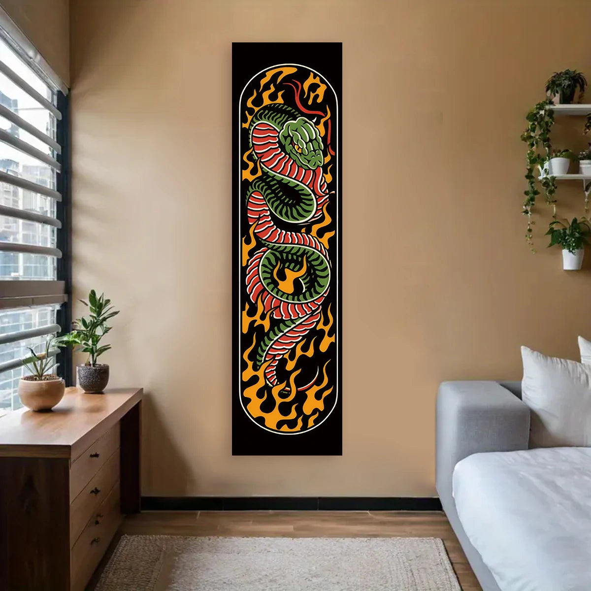 Black flame serpent vertical tapestry wall hanging featuring a coiled green and red snake design