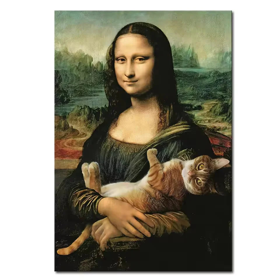 A painting depicting a woman with long dark hair holding a cat in a natural landscape.