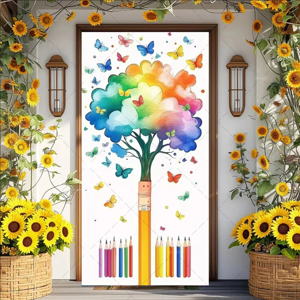 A vertical banner featuring a colorful watercolor tree design with butterflies and flowers.