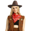 A woman wearing a brown cowboy hat, vest, and red patterned scarf.