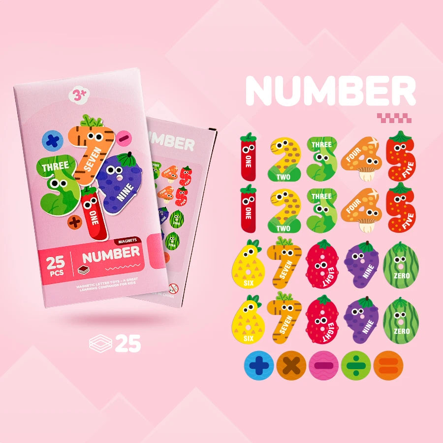 A set of magnetic alphabet and number learning tiles showing various digits from one to five.