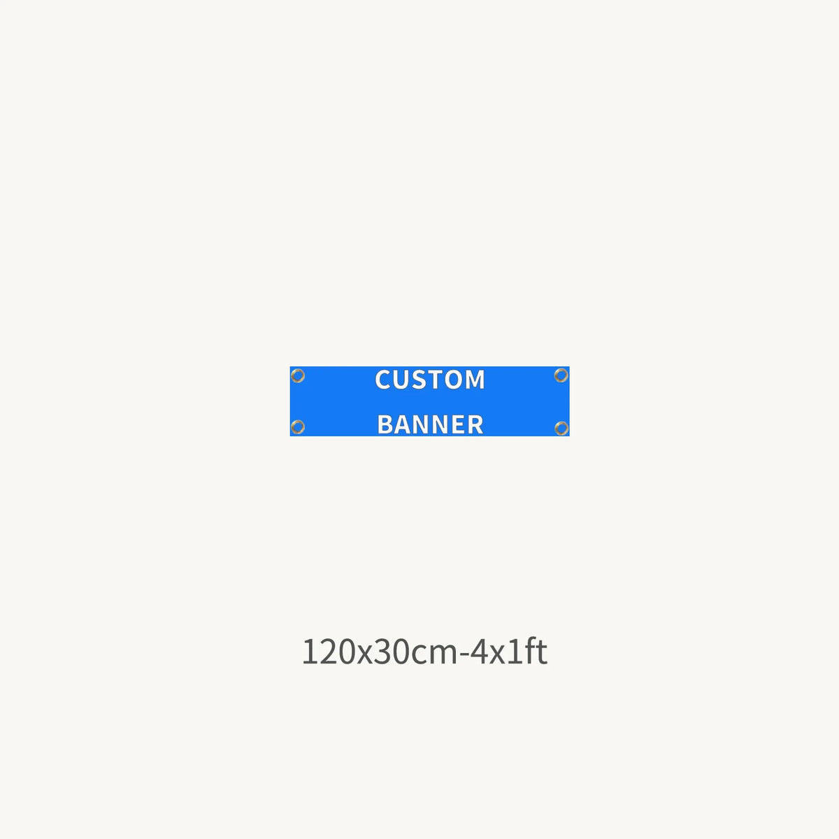 Blue custom polyester banner measuring 120x30cm with metal grommets.