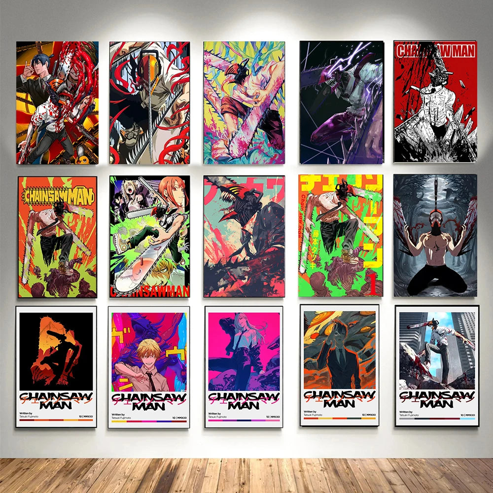A grid of nine posters featuring the Chainsaw Man anime characters in various styles and colors.
