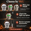 A guide showing steps to choose a Halloween Michael Myers latex mask, including comparing sculpts and checking light-up optio