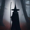 A silhouette of a witch in a long black cloak stands in a foggy forest with tall trees.