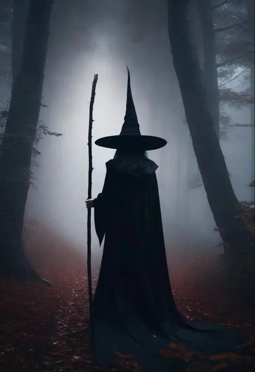 A silhouette of a witch in a long black cloak stands in a foggy forest with tall trees.