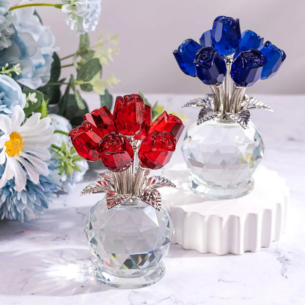 Crystal rose decorative flowers in blue and red glass vases