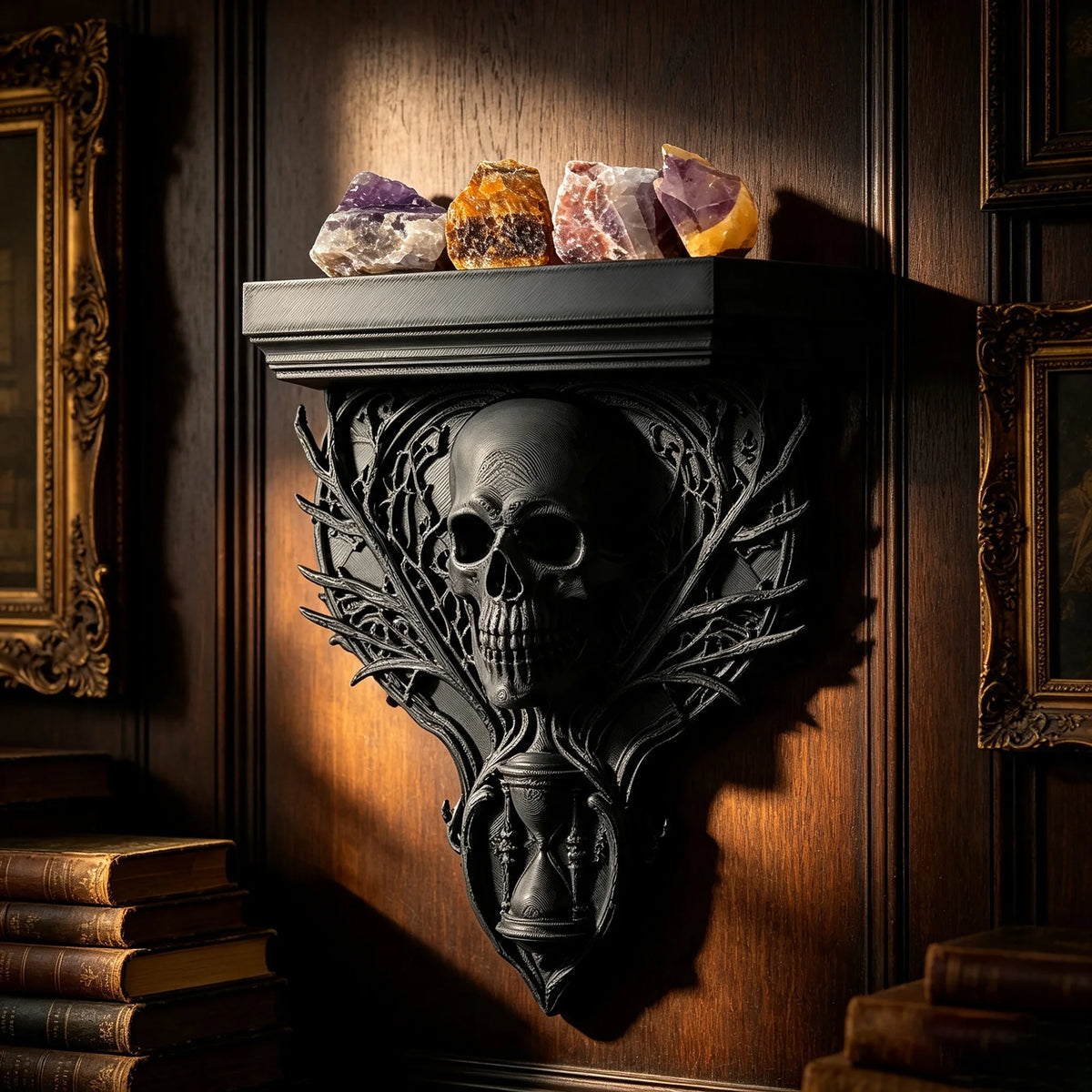 A dark wooden wall features an ornate Gothic shelf with intricate carvings and a small arrangement of colorful crystals.