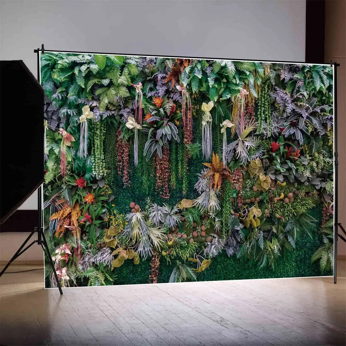 A lush, vibrant tropical jungle leaf photography backdrop featuring diverse green and reddish foliage.