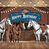 A painting of three horses in a rustic farm barn scene with a happy birthday sign above them.