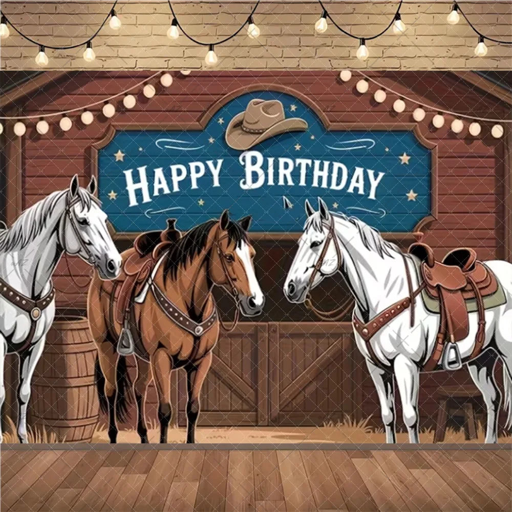 A painting of three horses in a rustic farm barn scene with a happy birthday sign above them.
