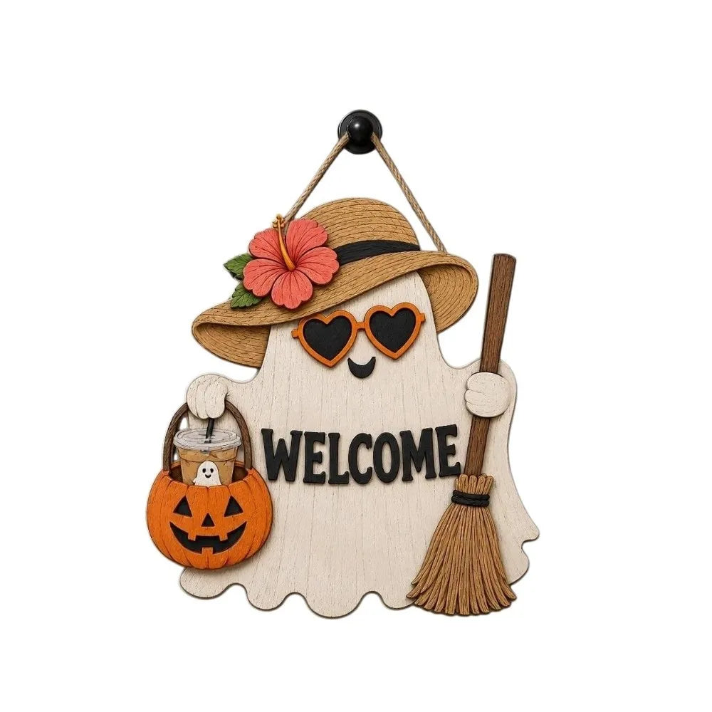 Wooden ghost door hanging featuring a witch hat design with a flower and a broom.