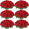 A collection of vibrant red artificial silk rose bouquets arranged for table decor.