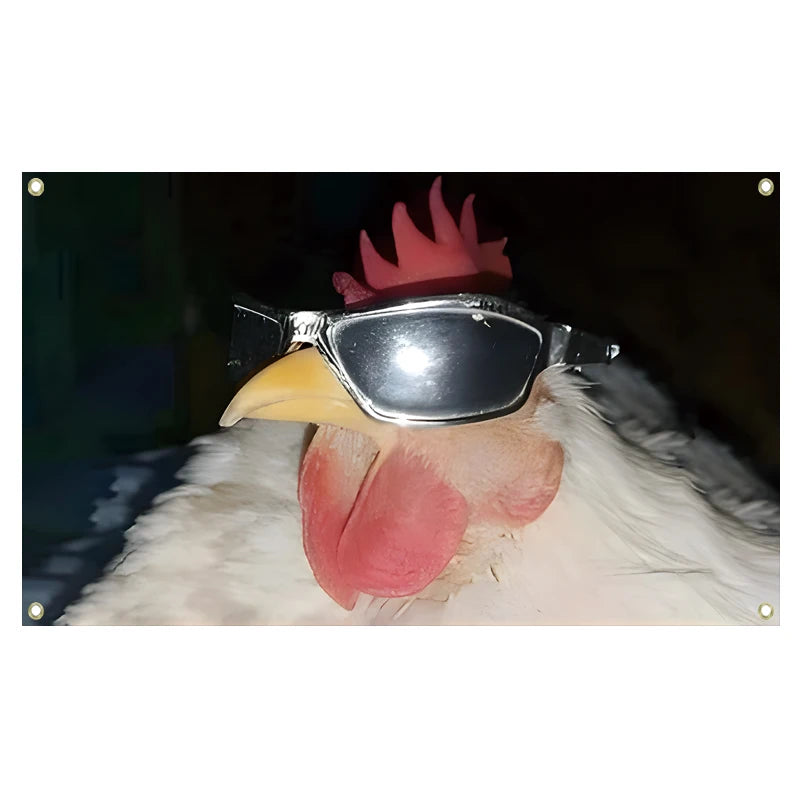 A chicken head wearing silver sunglasses and a red comb, used as a funny animal wall hanging banner.