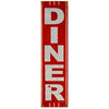 Vertical vintage red and white metal sign with the word DINER painted on it