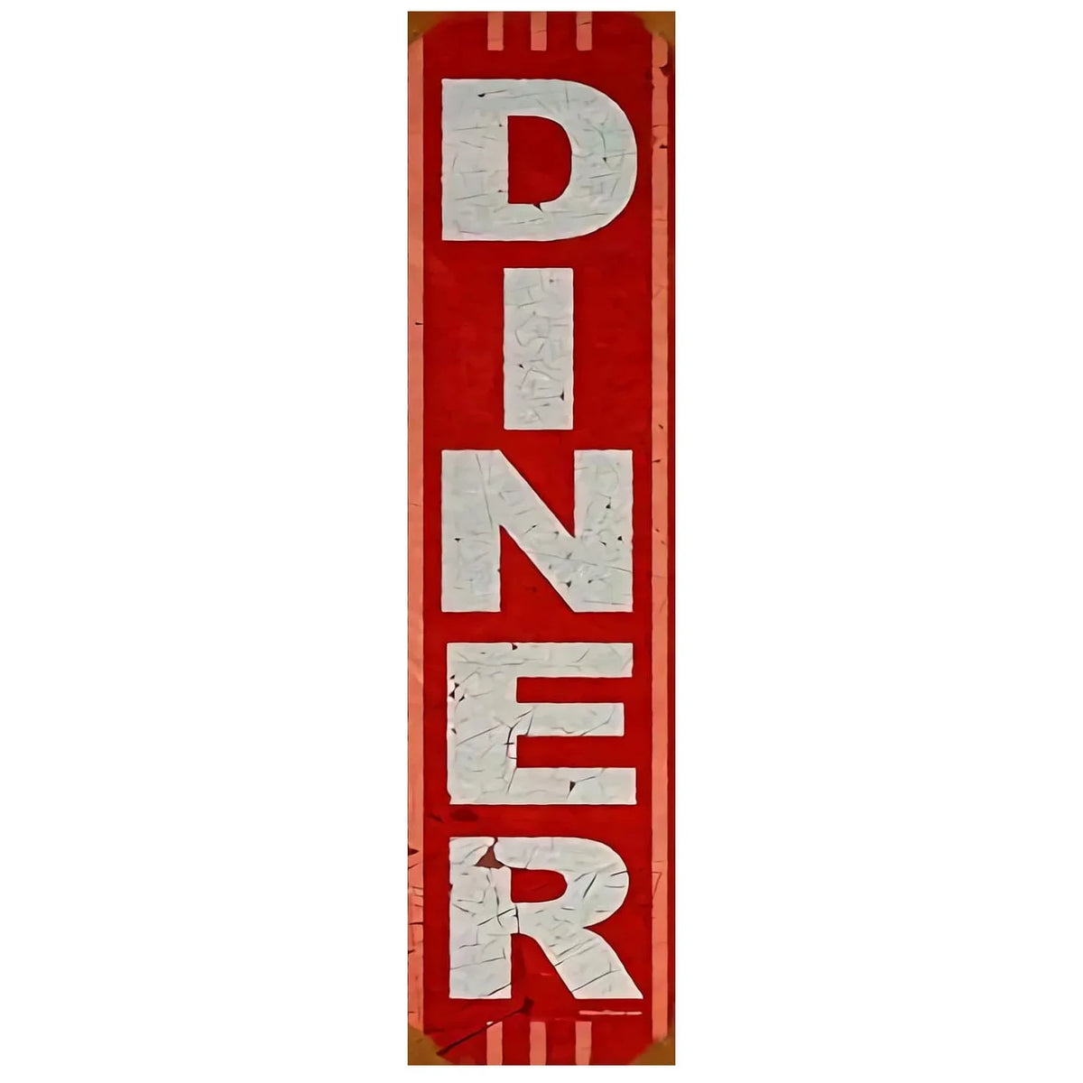 Vertical vintage red and white metal sign with the word DINER painted on it