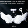 A set of white feather wings, an angel headband, and a wand displayed against a dark background.