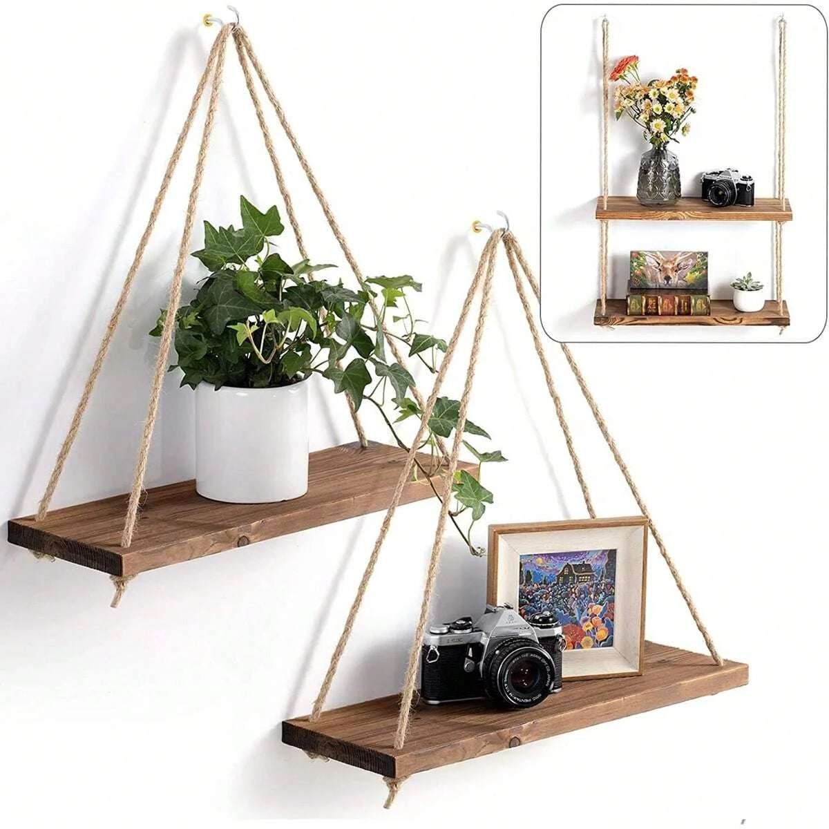 A wooden hanging shelf with hemp rope is mounted on a wall, displaying a potted plant and a camera in a floating display.