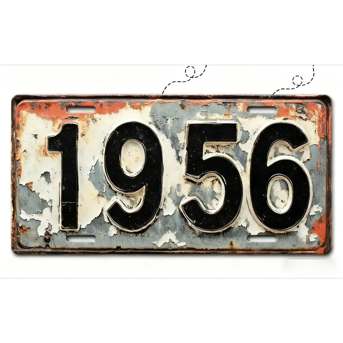 A vintage style aluminum license plate with the year 1956, showing signs of wear and rust.