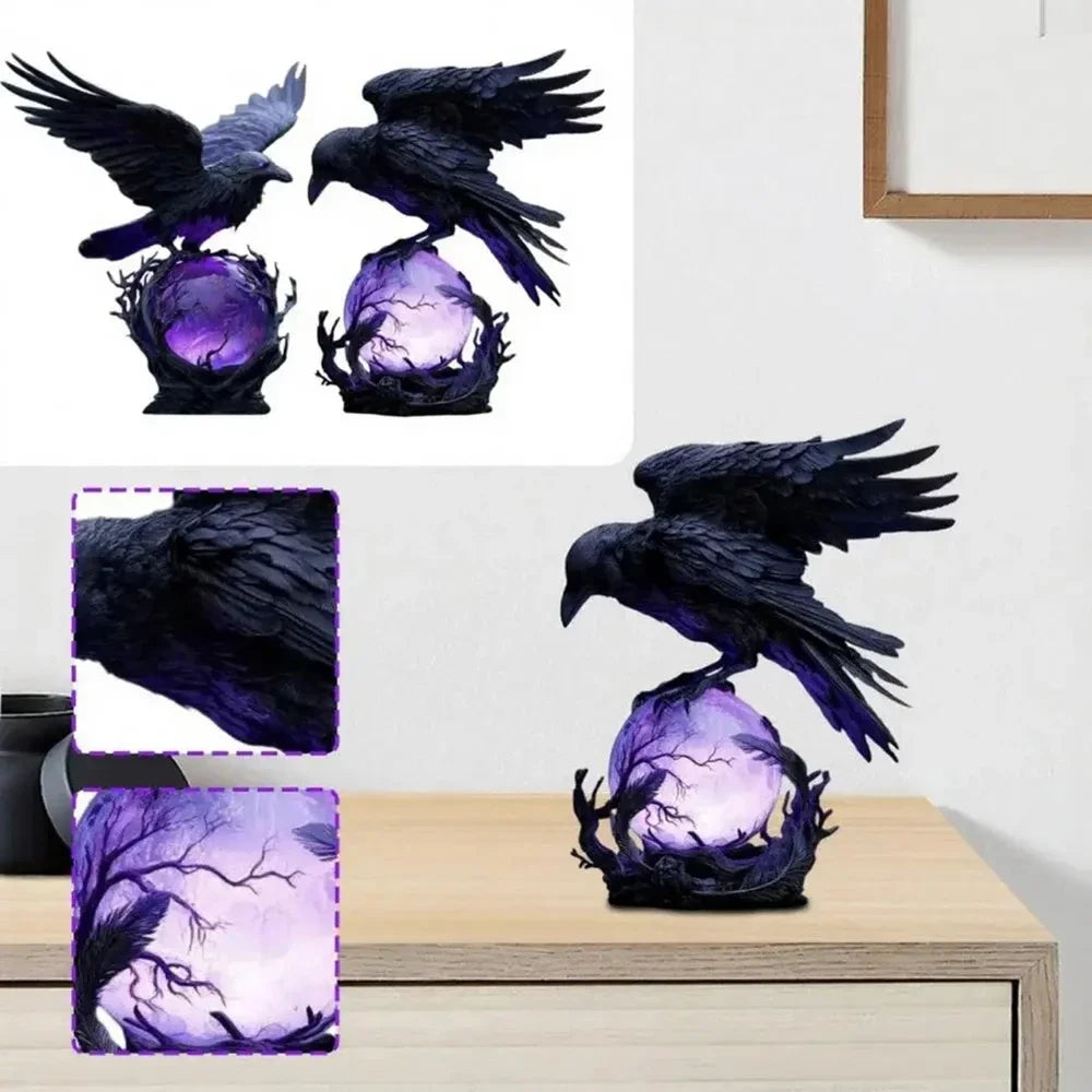 Gothic raven sculpture with purple glow illuminating a dark branch on a wooden surface.