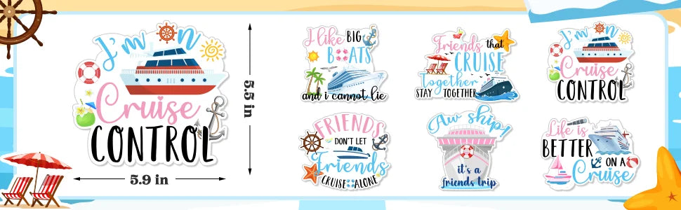A set of magnetic door decorations featuring friends and cruise themes for a cruise door