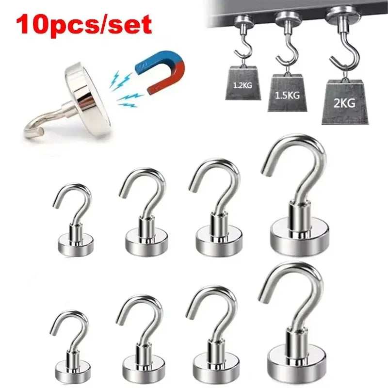 A set of ten strong magnetic hooks in various sizes and finishes for organization.