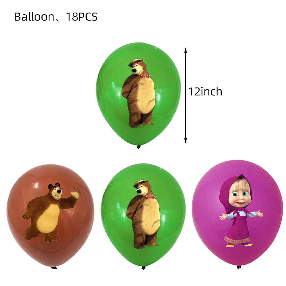 A set of three balloons featuring characters from Masha and The Bear: a bear, a bear, and a girl.