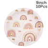 A plate featuring multiple pastel rainbow designs for a disposable party tableware set.