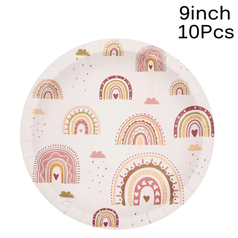 A plate featuring multiple pastel rainbow designs for a disposable party tableware set.