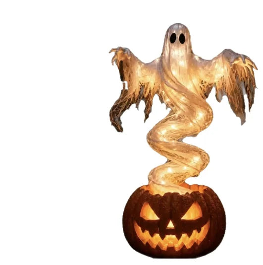 A swirling ghost pumpkin LED garden lamp for Halloween featuring a translucent, glowing ghost figure.