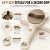 A close-up view of a white multifunctional opener with a brown grip, showing details for jar and bottle opening.
