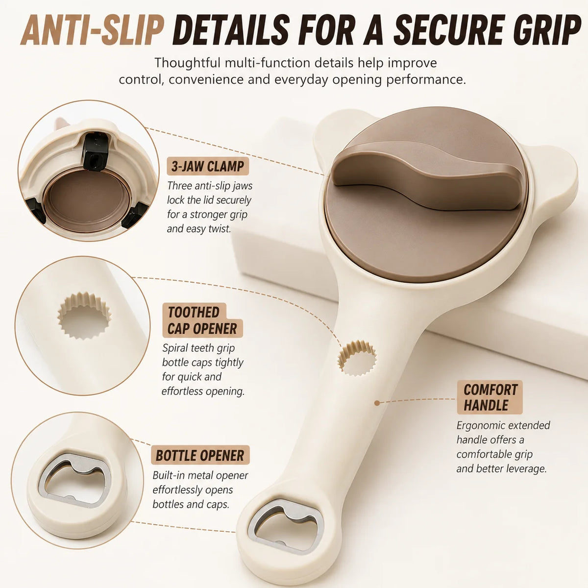 A close-up view of a white multifunctional opener with a brown grip, showing details for jar and bottle opening.