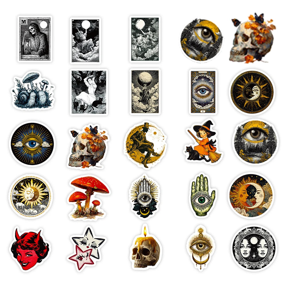 A collection of vintage art decals featuring moon, sun, skulls, eyes, and other mystical symbols.