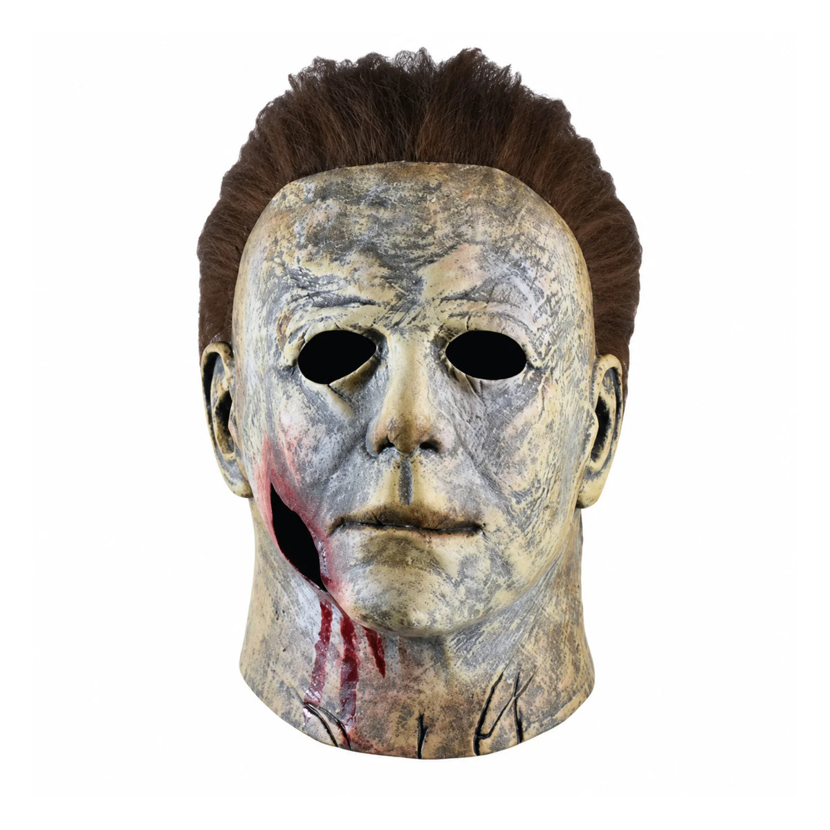 A realistic latex mask of Michael Myers with a bloody scar detail and dark hair.