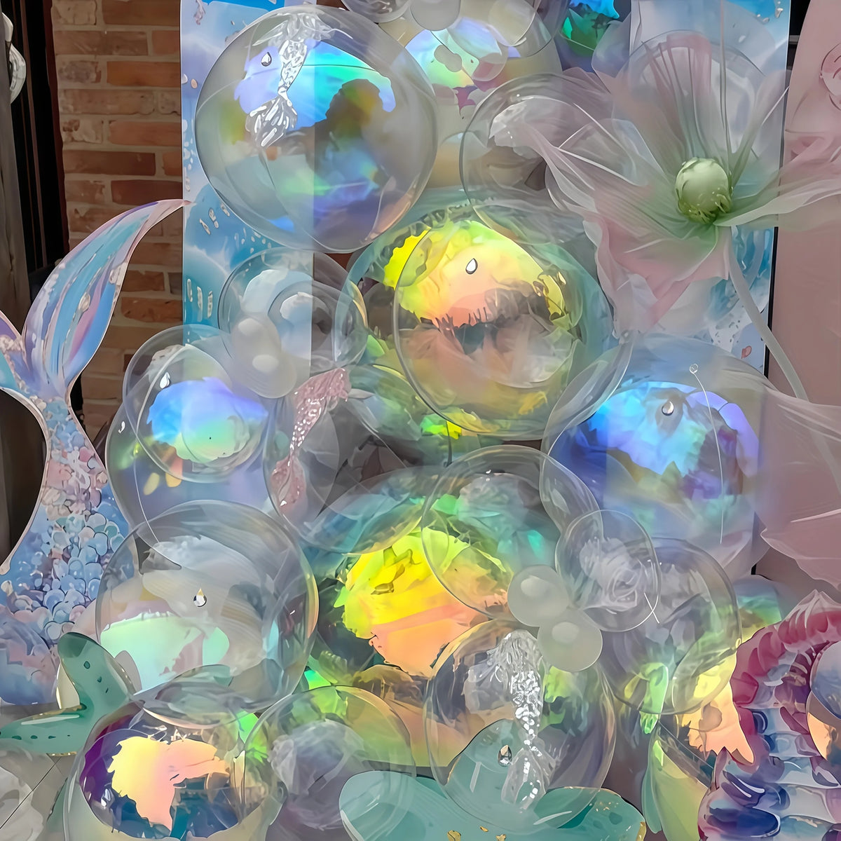 A collection of iridescent and holographic balloons in various sizes and shades