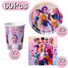 A set of 60 pieces of Kpop girl themed disposable party tableware including cups plates and napkins