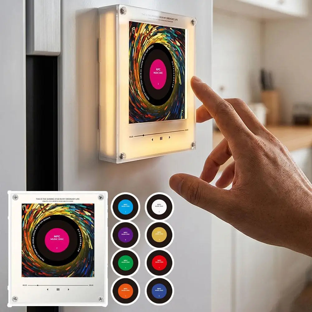 A hand interacts with a Retro NFC Music Box Night Light featuring a rotating disc and multiple NFC buttons.
