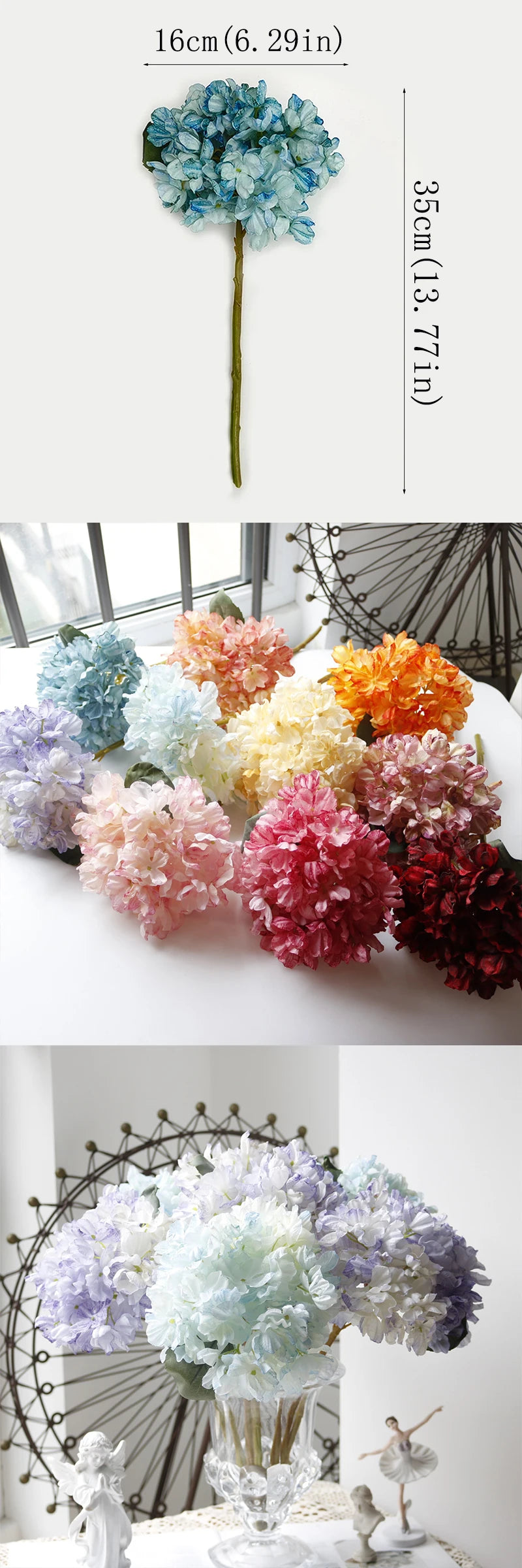 A collection of silk hydrangea stems in various shades of blue, pink, and orange arranged on a white surface.