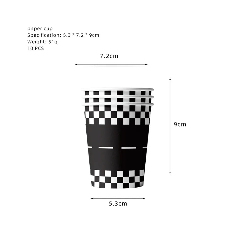 A set of 10 black and white checkered paper cups for a birthday racing car party decoration.