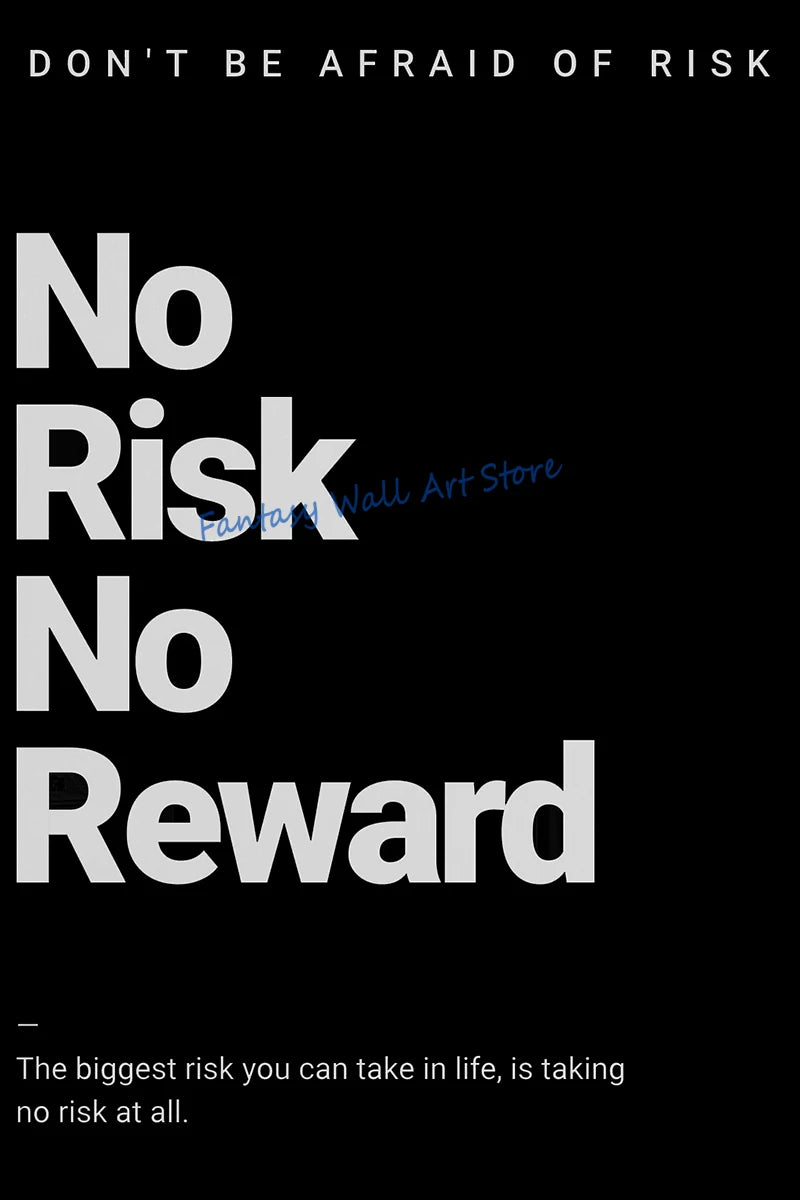 Motivational wall art featuring the quote Don't Be Afraid of Risk, No Risk No Reward.