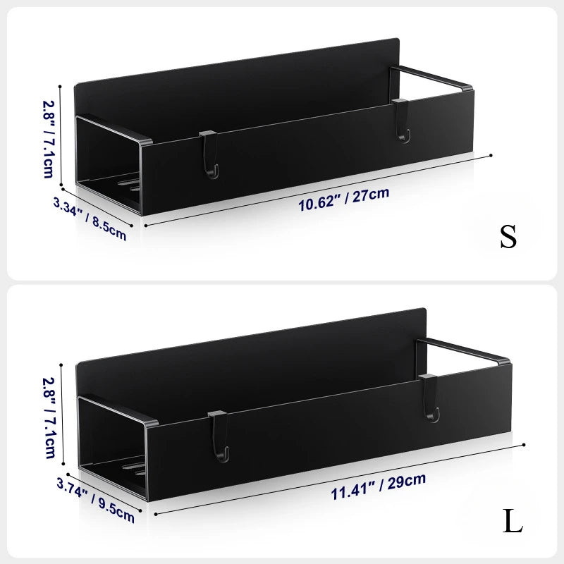 Black magnetic spice rack with a rectangular tray and handle, shown in side view.